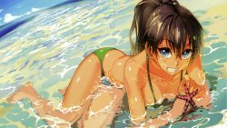 Beautiful Anime Girl in Green Bikini with Starfish