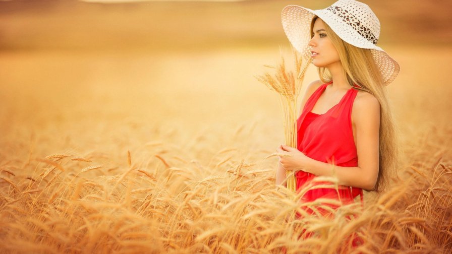 Beautiful Blonde Happy Girl in Field of Wheat