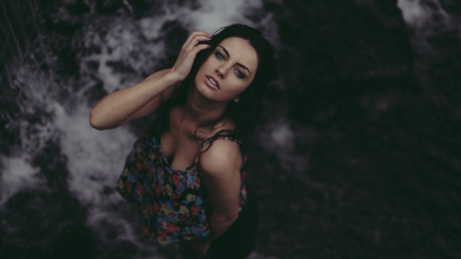 Beautiful Brunette Girl and Waterfall