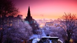 Beautiful Old Winter City and Pink Sunset
