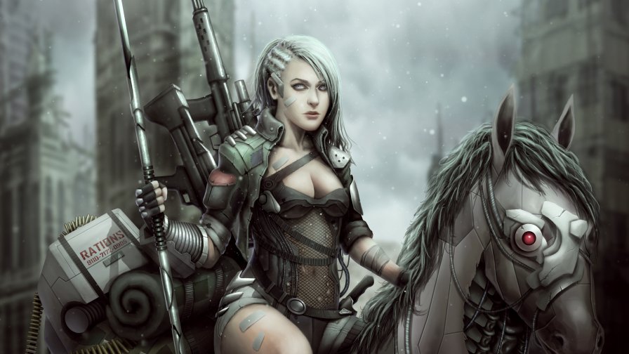 Beautiful Warrior Girl with White Hair