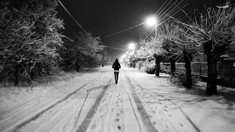 Black and White Snow Night Winter Empty Street and Girl