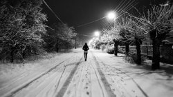 Black and White Snow Night Winter Empty Street and Girl