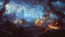 Halloween Beautiful Night Forest Castle and Pumpkins