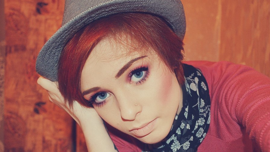 Lonely Teen Girl with Red Hair and Gray Hat