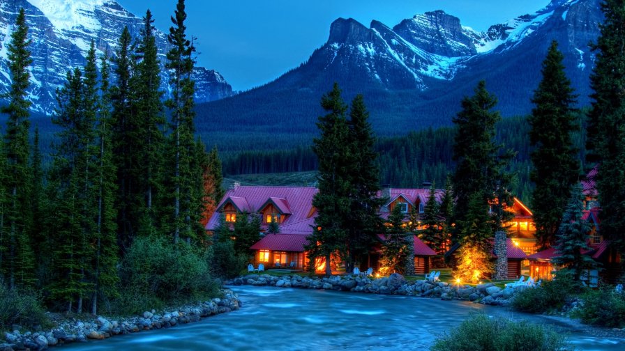 Mountain River and Village in Forest