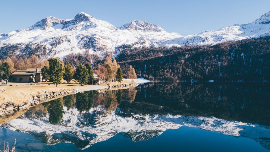 Mountains and Big Lake with Pure Sky