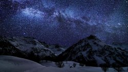 Night Winter Mountains and Milky Way on the Sky