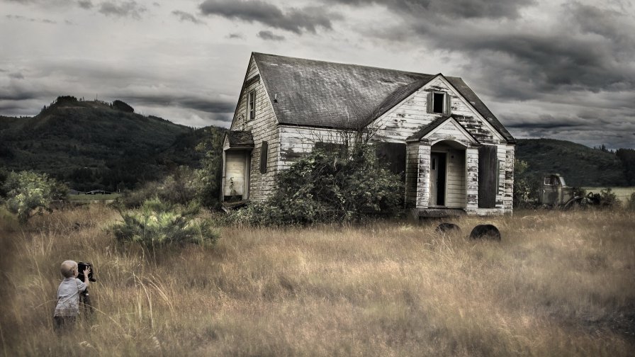 Old House and Children with Camera