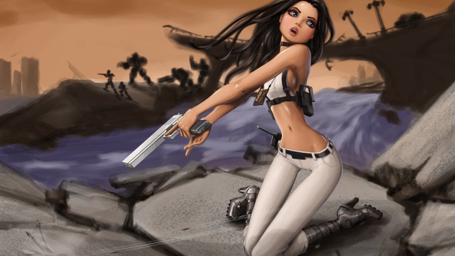 Pretty Drawing Girl with Desert Eagle on the Battle