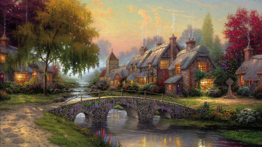 River Bridge and Houses Artwork Painting