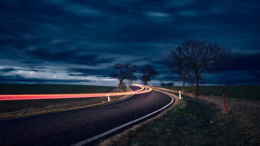 Road and Long Exposure Turn Night Trees Sky