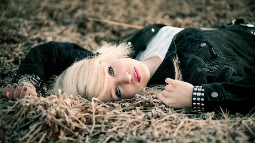 Sad Blonde Emo Girl on the Yellow Grass