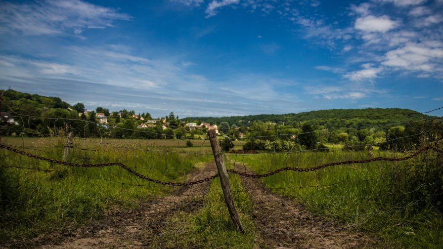 Single Fence on the Road and Green Field