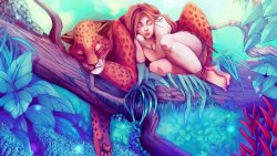 Sleeping Mowgli Girl and Leopard on the Tree