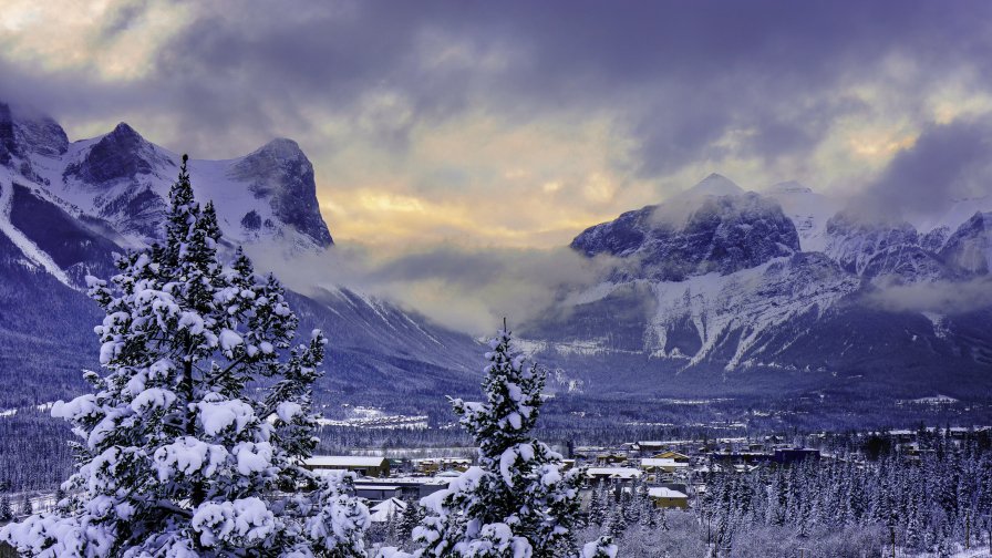 Small Village in Montana Winter Mountains