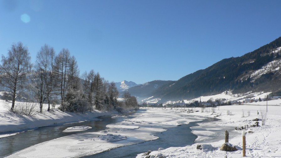 Snowed Mountain Forest and River