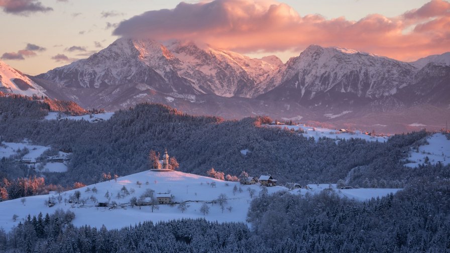 The Church and Beautiful Winter Forest in USA