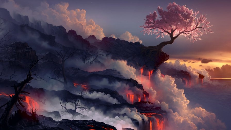 Volcano Lava and Lonely Tree