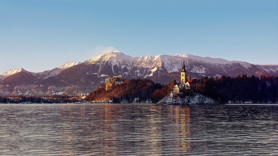 Winter Mountain Peaks and Big Lake