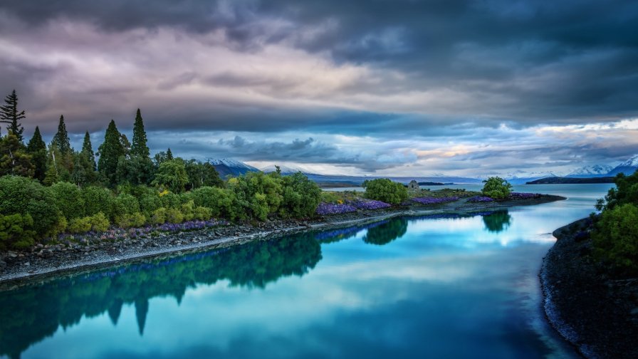 Wonderful Calm River Sunset Clouds and Forest