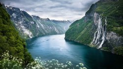 Wonderful Mountain Valley with Waterfall and River