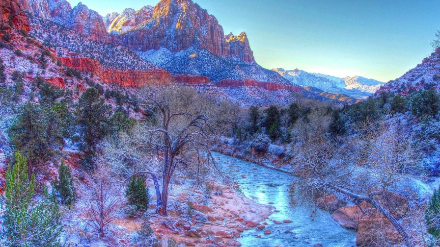 Wonderful Snowed Mountain Valley and River