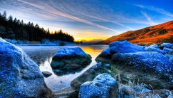 Wonderful Sunset on the Lake and Frost on the Stones
