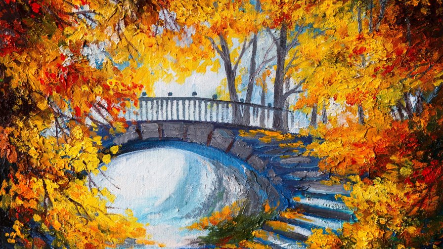 Yellow Garden and Bridge on the River