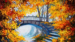 Yellow Garden and Bridge on the River