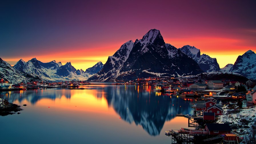 Beautiful Reinebringen Mountains and Sunset in Norway