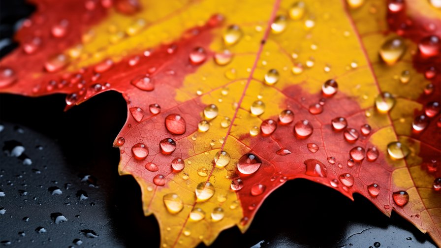 Red and Yellow Leaf and Water Drops